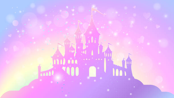 Magic princess palace of a rainbow sky. Silhouette of a magic castle on a background with stars. Princess palace illustration. Vector image. castle stock illustrations