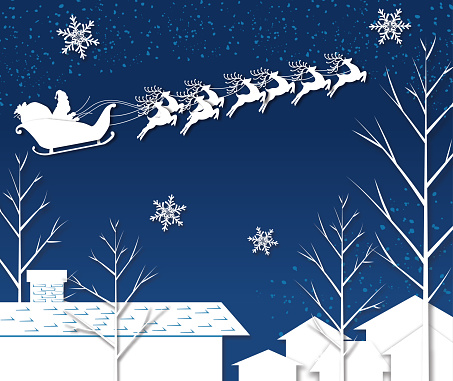 A holiday design featuring Santa's sleigh and reindeer over a snowy town.