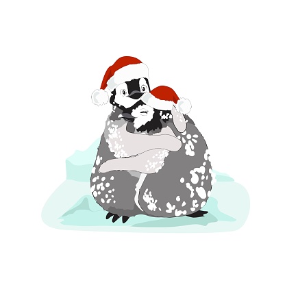 Cute happy couple of cartoonish emperor penguin chicks, boy and girl, wearing Christmas hats, hugging. For season greetings, commercial, etc