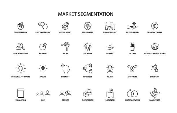 ilustraciones, imágenes clip art, dibujos animados e iconos de stock de segmentación del mercado, conjunto de iconos vectoriales - demografía