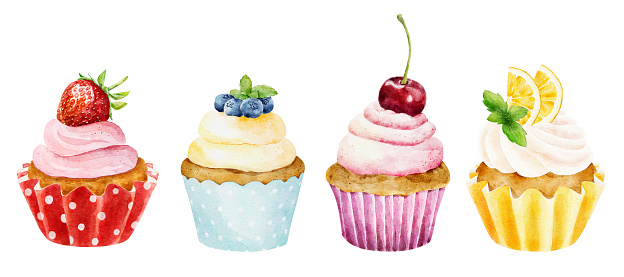 Set of watercolor cupcakes with fresh cherry, strawberry, blueberry and lemon isolated on white background. Hand drawn watercolor illustration.