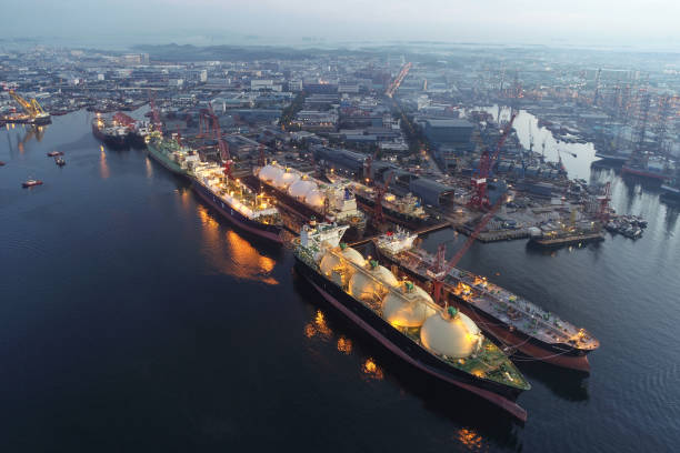 Aerial shot of a shipyard in Singapore at dawn stock photo