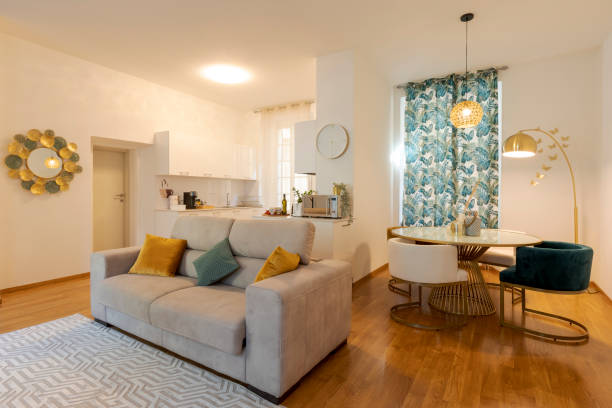 istock Modern open space in elegant apartment. There is a comfortable sofa in the foreground and the dining room behind 1433144055