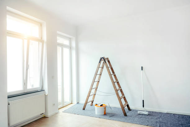 renovate living room with color bucket and ladder - repairing apartment home improvement painting imagens e fotografias de stock