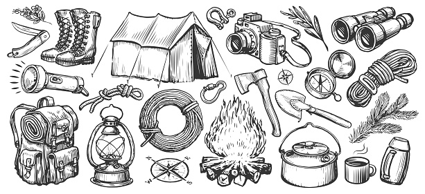 Camping concept set. Outdoor activities, hiking collection of objects drawn in sketch style. Vintage vector illustration