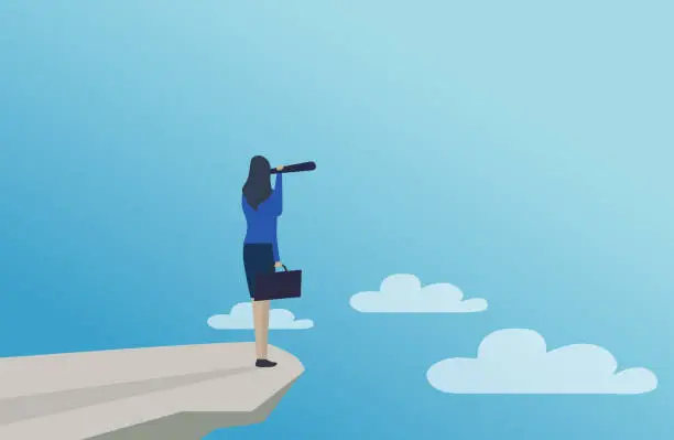 Vector illustration of Searching for opportunities.Businesswoman standing on a cliff above clouds with monocular. Business concept of leadership.