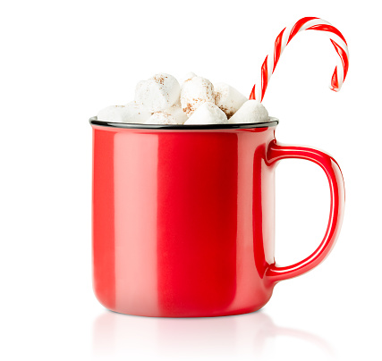 one red mug with hot chocolate, marshmallows and candy cane on a white isolated background