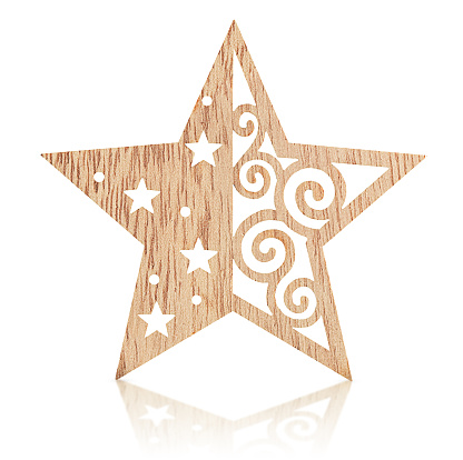 one wooden star with a pattern on a white isolated background, Сhristmas decoration