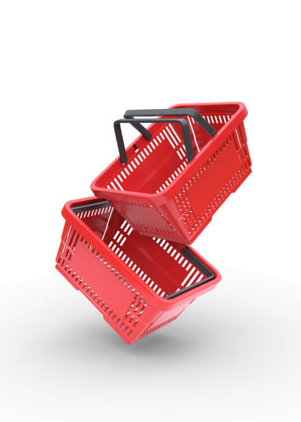 istock Red plastic shopping baskets from supermarket on white background 1433151255