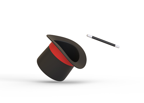Magician hat with red ribbon and magic wand on a white background. 3d rendering illustration