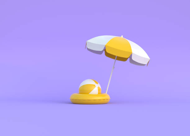 istock Umbrella, ball and swim ring on a purple background 1433151288