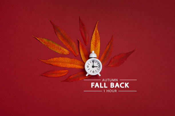 Fall Back, Autumn Time Change Concept. White Alarm Clock and Orange Autumn Leaves on Red Background.