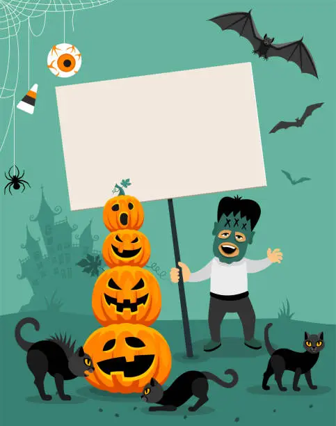 Vector illustration of Halloween Party Poster. Boy in Monster costume with pumpkins, cats and banner sign. Funny Party.