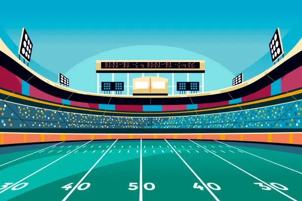Vector illustration of American football arena field with bright stadium lights