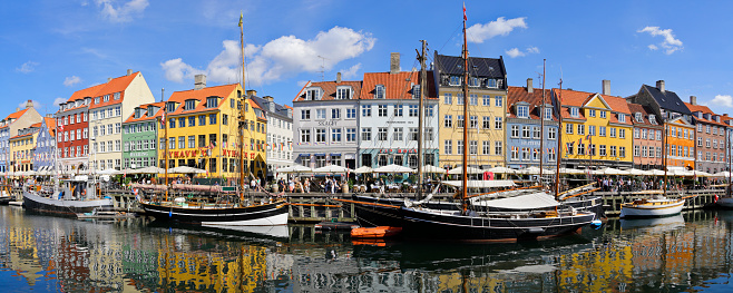 panoramic Nyhavn cityscape - the canal district of Copenhagen (Denmark).