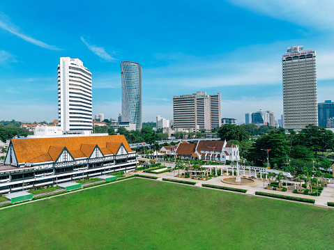 Aerial view of Merdeka Square (Dataran Merdeka) in Kuala Lumpur, Malaysia, with the urban cityscape as background