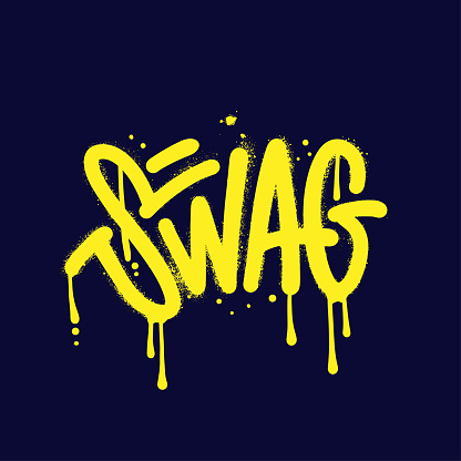 Urban graffiti swag word sprayed in yellow over black. Sprayed lettering logo icon sign vector textured illustration with splashes and drops
