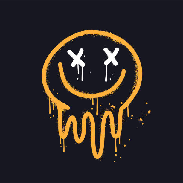 Urban graffiti sign of smiling eyes and mouth emoji stylized as paint running down or simulating melting. Spray textured vandal street art. Vector sprayed illustration. Urban graffiti sign of smiling eyes and mouth emoji stylized as paint running down or simulating melting. Spray textured vandal street art. Vector sprayed illustration graphic t shirt stock illustrations