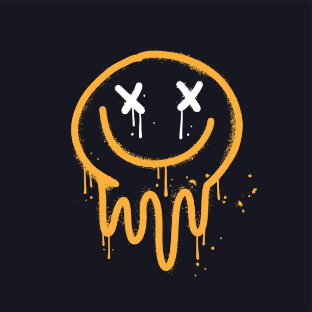Urban graffiti sign of smiling eyes and mouth emoji stylized as paint running down or simulating melting. Spray textured vandal street art. Vector sprayed illustration. Urban graffiti sign of smiling eyes and mouth emoji stylized as paint running down or simulating melting. Spray textured vandal street art. Vector sprayed illustration emoji original stock illustrations