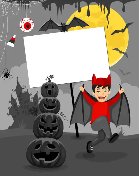 Vector illustration of Halloween Party Poster. Boy in Count Dracula Costume. Funny Party.