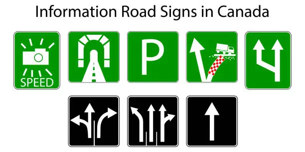 Vector illustration of Road signs in Canada. Canadian information signs. Vector illustration. Stock picture.