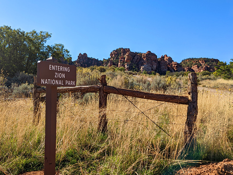 View at the entrance to Zion National Park on Kolob Terrace Road near Virgin Town Utah with autumn grasses and red rocks