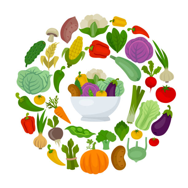 야채 라운드 구성. 신선한 야채가 든 그릇. 유기농 식품. - vegetable asparagus cauliflower legume stock illustrations