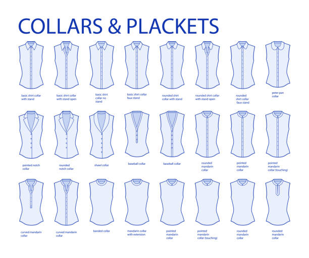 Set of necklines of collars and plackets, stand, mandarin, baseball necks clothes tops, shirts, blouses technical fashion illustration. Flat apparel template front side. Women, men unisex CAD mockup Set of necklines of collars and plackets, stand, mandarin, baseball necks clothes tops, shirts, blouses technical fashion illustration. Flat apparel template front side. Women, men unisex CAD mockup wedding dress back stock illustrations