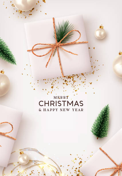 メリークリスマスと新年あけましておめでとうございます。クリスマスの背景デザインライト花輪、リアルなギフトボックス、白いボールとキラキラ輝く金の紙吹雪。クリスマスポスター、� - christmas gold green backgrounds点のイラスト素材／クリップアート素材／マンガ素材／アイコン素材