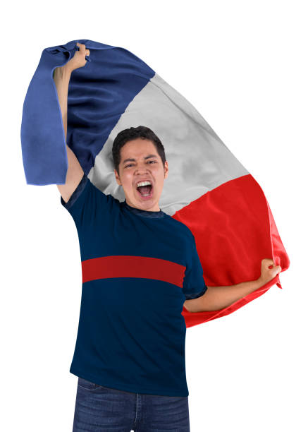 Soccer fan with the flag of his country France and jersey shouting with emotion for the victory of his team on a white background.