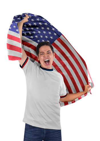 Soccer fan with the flag of his country USA and jersey shouting with emotion for the victory of his team on a white background.