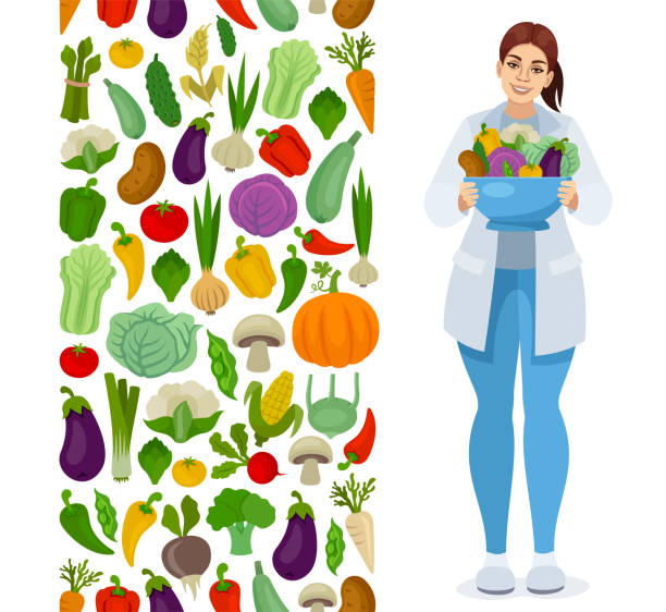 illustrazioni stock, clip art, cartoni animati e icone di tendenza di cibo vegano. medico donna che promuove una vita sana. modello di verdure. - artichoke food vegetable fruit