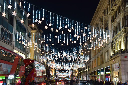 London, UK - November 25 2021: Christmas lights in Oxford Street, view at night