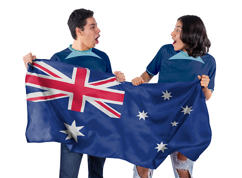 Happy Couple man and woman soccer fans with blue jersey flag of australia country on white background.