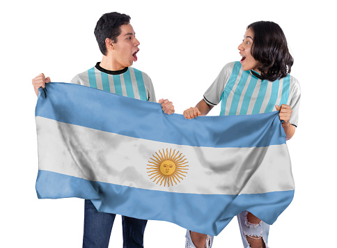 Happy Couple man and woman soccer fans with light blue jersey flag of Argentina country on white background.