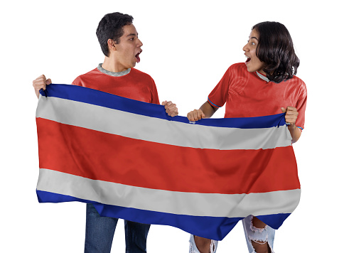 Happy Couple man and woman soccer fans with red jersey flag of Costa Rica country on white background.