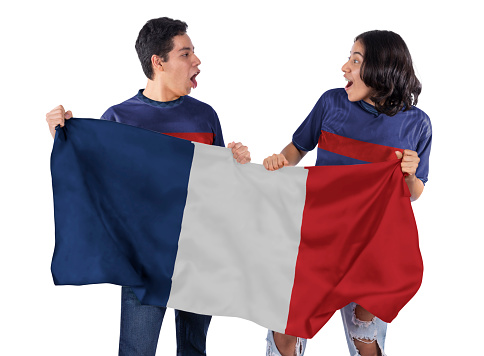 Asian men celebrate the Philippines' independence day on 12 June by holding the Philippines flag isolated over white background