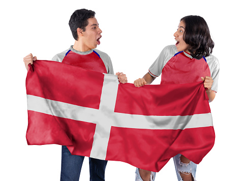 Happy Couple man and woman soccer fans with Red jersey flag of Denmark country on white background.