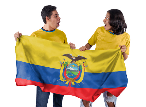 Happy Couple man and woman soccer fans with yellow jersey flag of Ecuador country on white background.