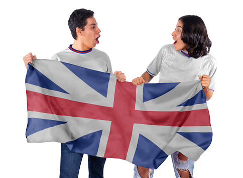 Happy Couple man and woman soccer fans with white jersey flag of England country on white background.