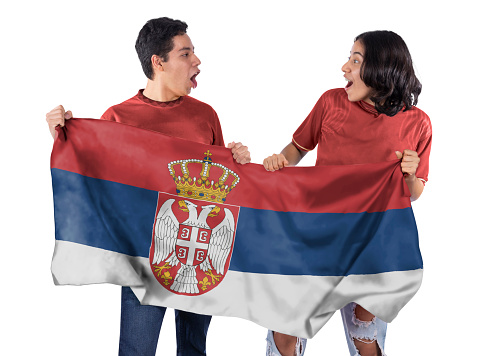 Happy Couple man and woman soccer fans with red jersey flag of Serbia country on white background.