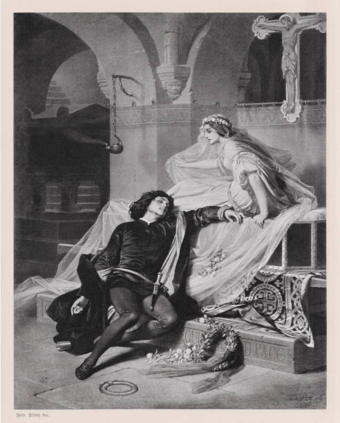 romeo i julia williama szekspira, opublikowana w 1886 roku - death bed illustration and painting engraving stock illustrations
