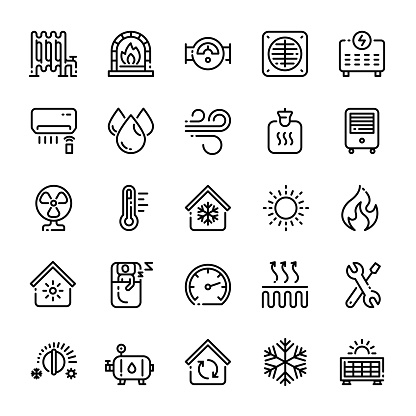 Heating and Cooling icon set, Heating system, Home automation, Temperature regulator, Heater, Air conditioner, Icons, Vector illustration.