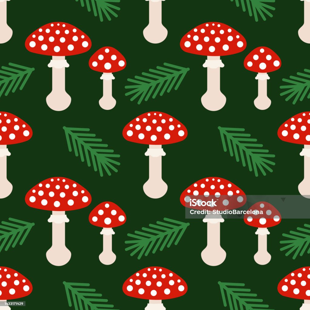 Red Toadstools Forest Mushroom Dark Seamless Pattern Stock Illustration ...