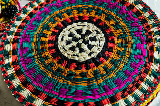 Wicker place mat made from Paja toquilla straw, which is a vegetable fiber dyed in various colors. Craft market in Cuenca, Ecuador