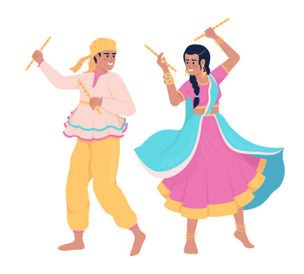 Couple performing indian dance with sticks semi flat color vector characters Couple performing indian dance with sticks semi flat color vector characters. Editable figures. Full body people on white. Simple cartoon style illustration for web graphic design and animation Kurta stock illustrations