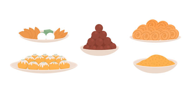 Traditional Diwali snacks semi flat color vector objects set Traditional Diwali snacks semi flat color vector objects set. Editable elements. Full sized items on white. Simple cartoon style illustrations collection for web graphic design and animation india sweets stock illustrations