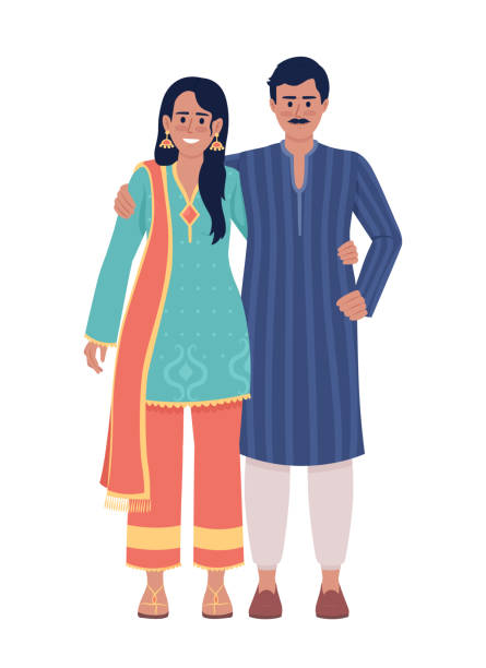 Happy couple wearing indian ethnic attires semi flat color vector characters Happy couple wearing indian ethnic attires semi flat color vector characters. Editable figures. Full body people on white. Simple cartoon style illustration for web graphic design and animation Kurta stock illustrations