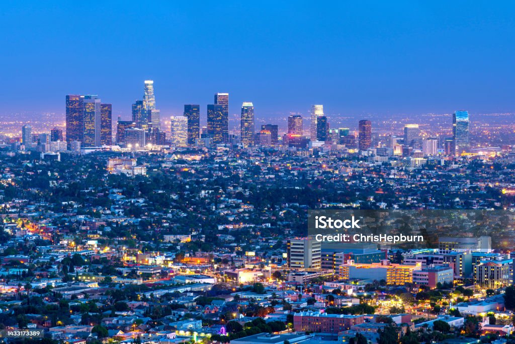 Los Angeles Skyline Cityscape at Dusk, California, USA Architecture Stock Photo