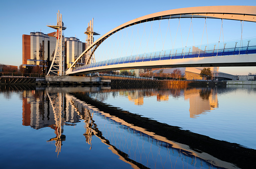 Salford, Manchester, UK - Wide angle view of the Millennium Bridge at Salford Quays in Manchester, England. Engineering design by Parkman of Manchester. Constructed by Carlos Fernandez Casado and opened 2000.
